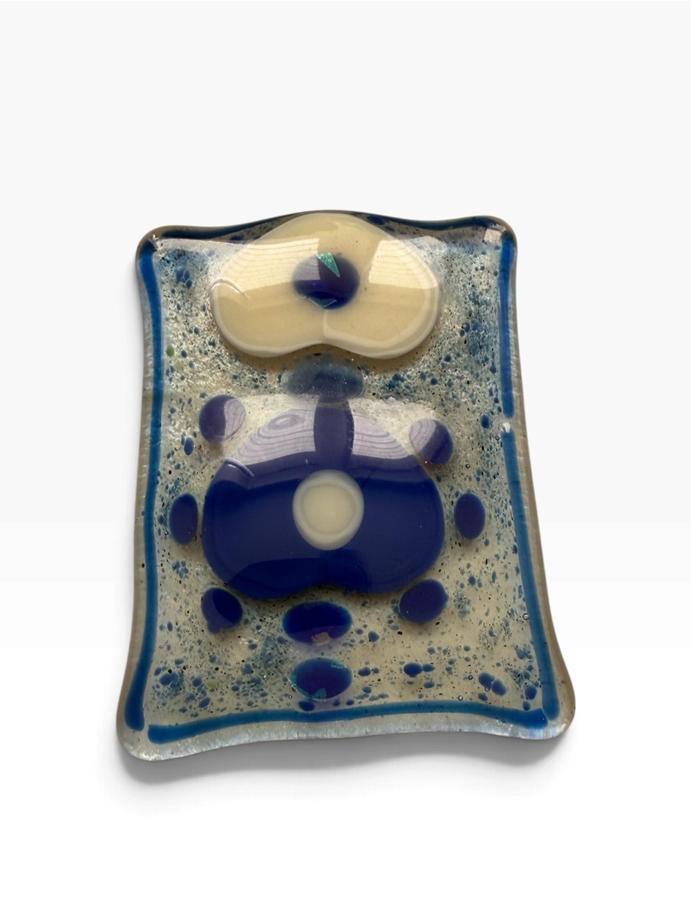 Hand crafted art glass in blue cream spotted design small trinket dish